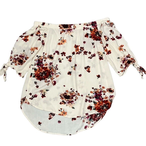 Staccato Top Off Shoulder Short Sleeve Tie Long Back Floral Small Boho Peasant - Picture 1 of 4